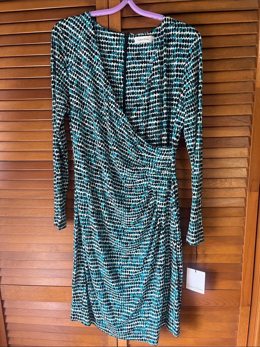 Calvin Klein Green and Black Printed Long Sleeve Wrap Dress NWT Size 12